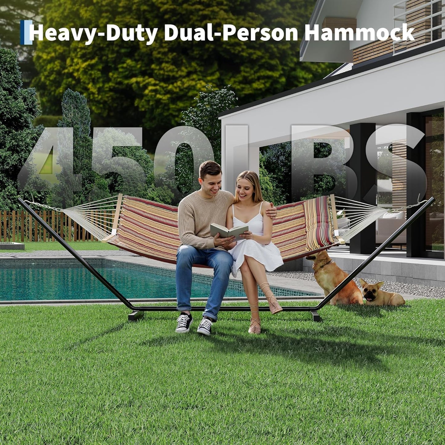 2-Person Hammock with Stand, 450Lbs Weight Capacity, Padded Polyester Fabric & Heavy-Duty Steel Frame, Portable with Carry Bag for Patio Backyard Poolside Garden Camping