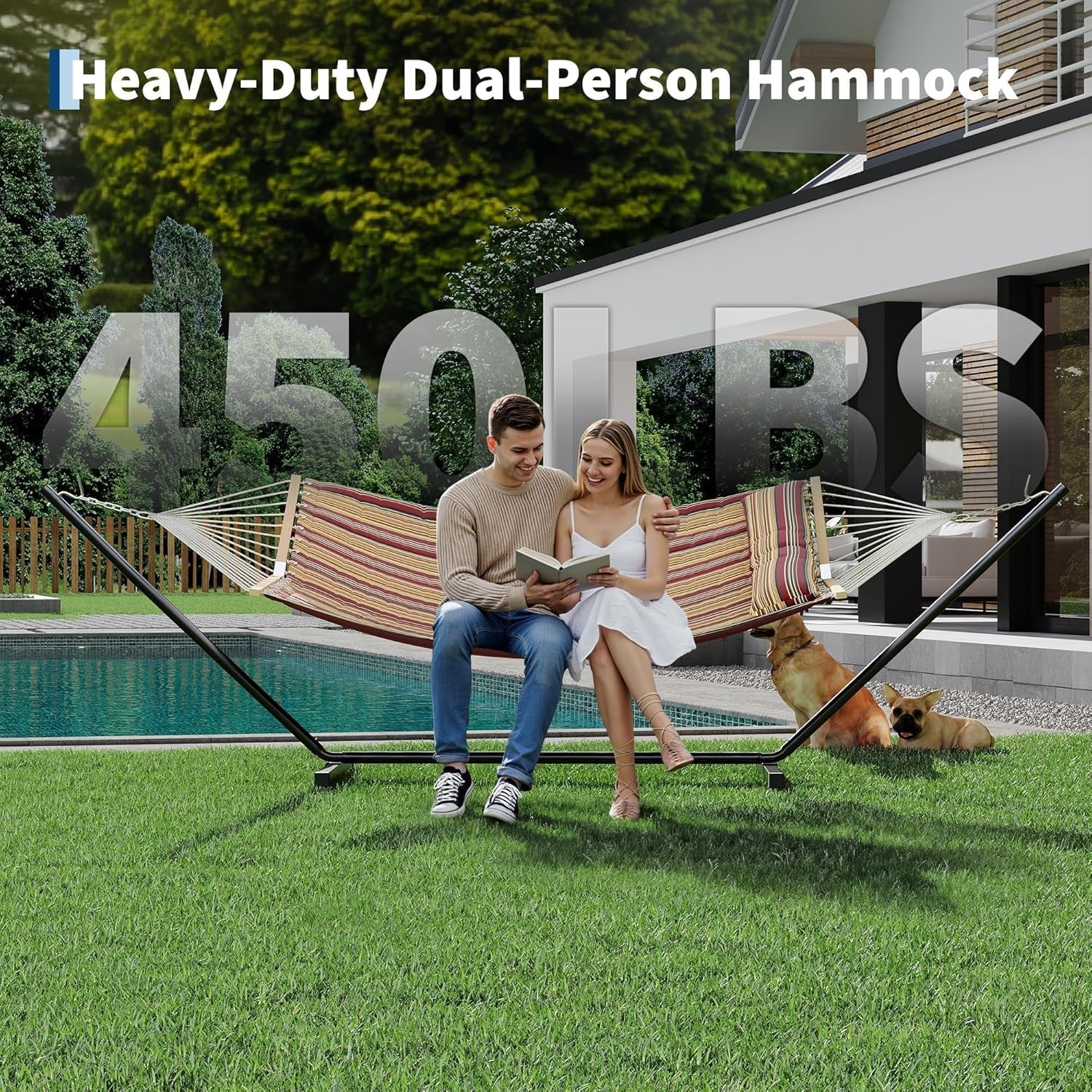 2-Person Hammock with Stand, 450Lbs Weight Capacity, Padded Polyester Fabric & Heavy-Duty Steel Frame, Portable with Carry Bag for Patio Backyard Poolside Garden Camping