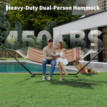 2-Person Hammock with Stand, 450Lbs Weight Capacity, Padded Polyester Fabric & Heavy-Duty Steel Frame, Portable with Carry Bag for Patio Backyard Poolside Garden Camping