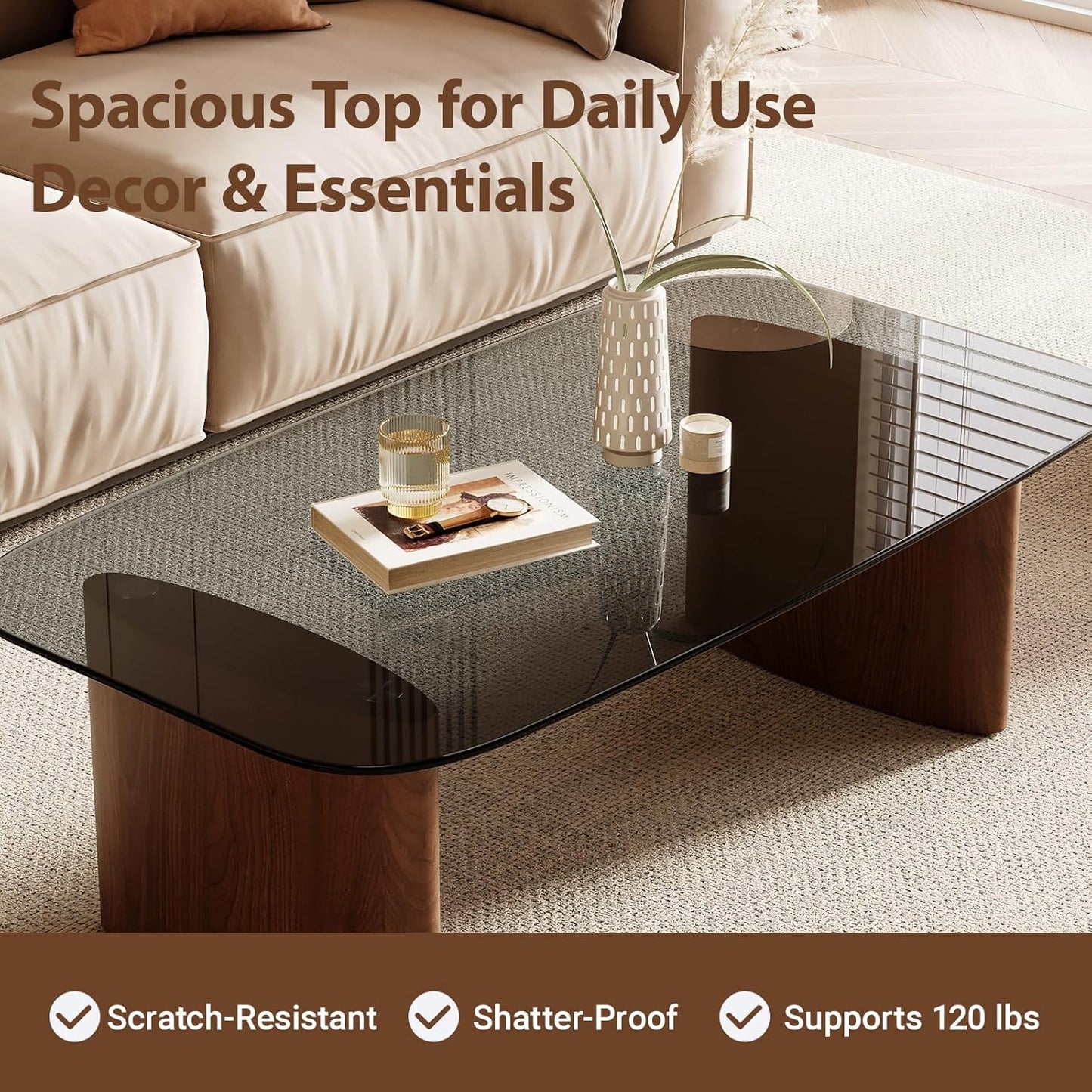 Modern Glass Coffee Table, Coffee Table for Living Room,Tempered Glass-Top with Sturdy Wooden Base, Modern Coffee Tables for Small Space, Apartment, Office, Minimalist Design (Walnut)