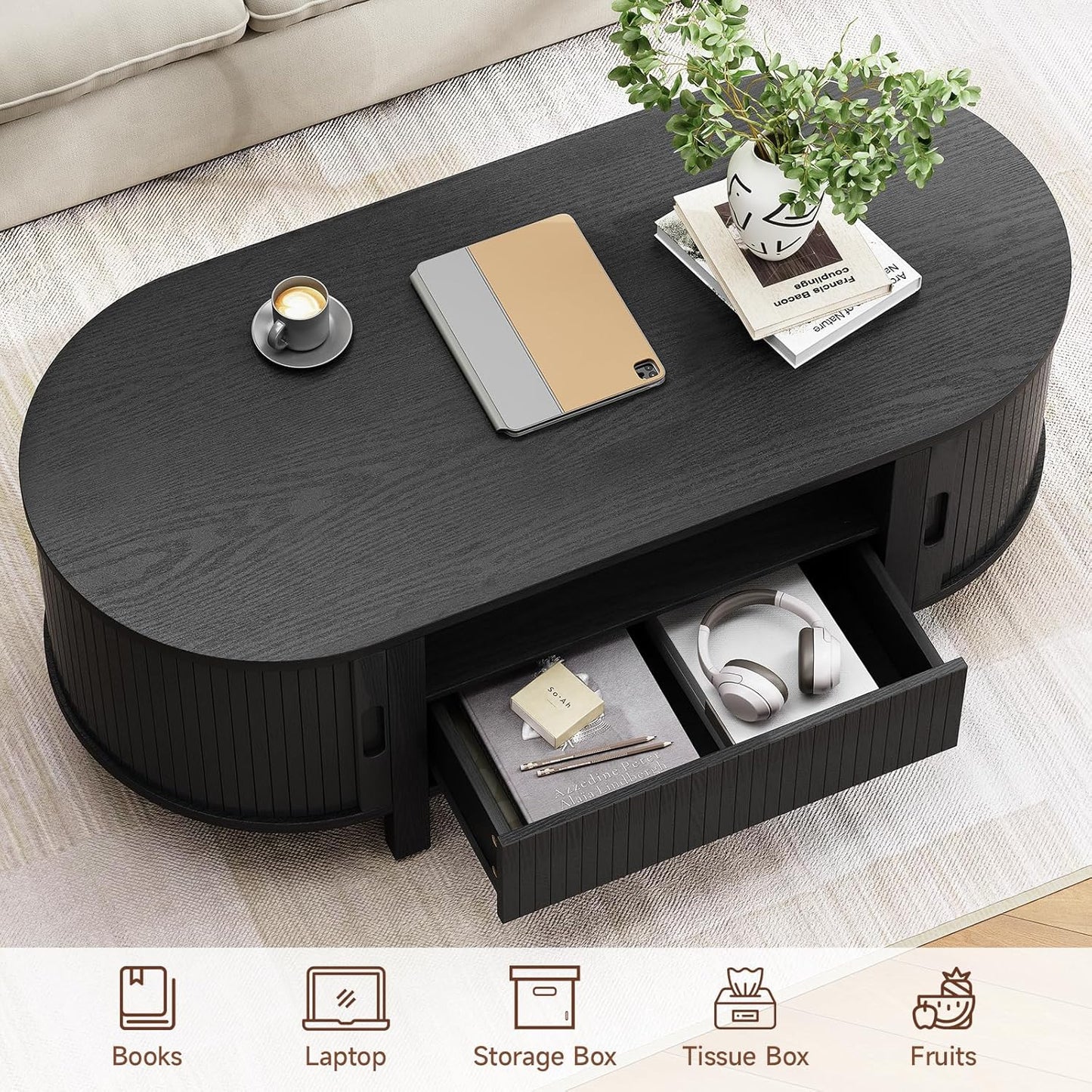 47.2 Inch Oval Coffee Table with Storage, Mid Century Modern Coffee Table with Drawer, Center Table with Sliding Door and Wood Fluted Handle for Living Room, Black
