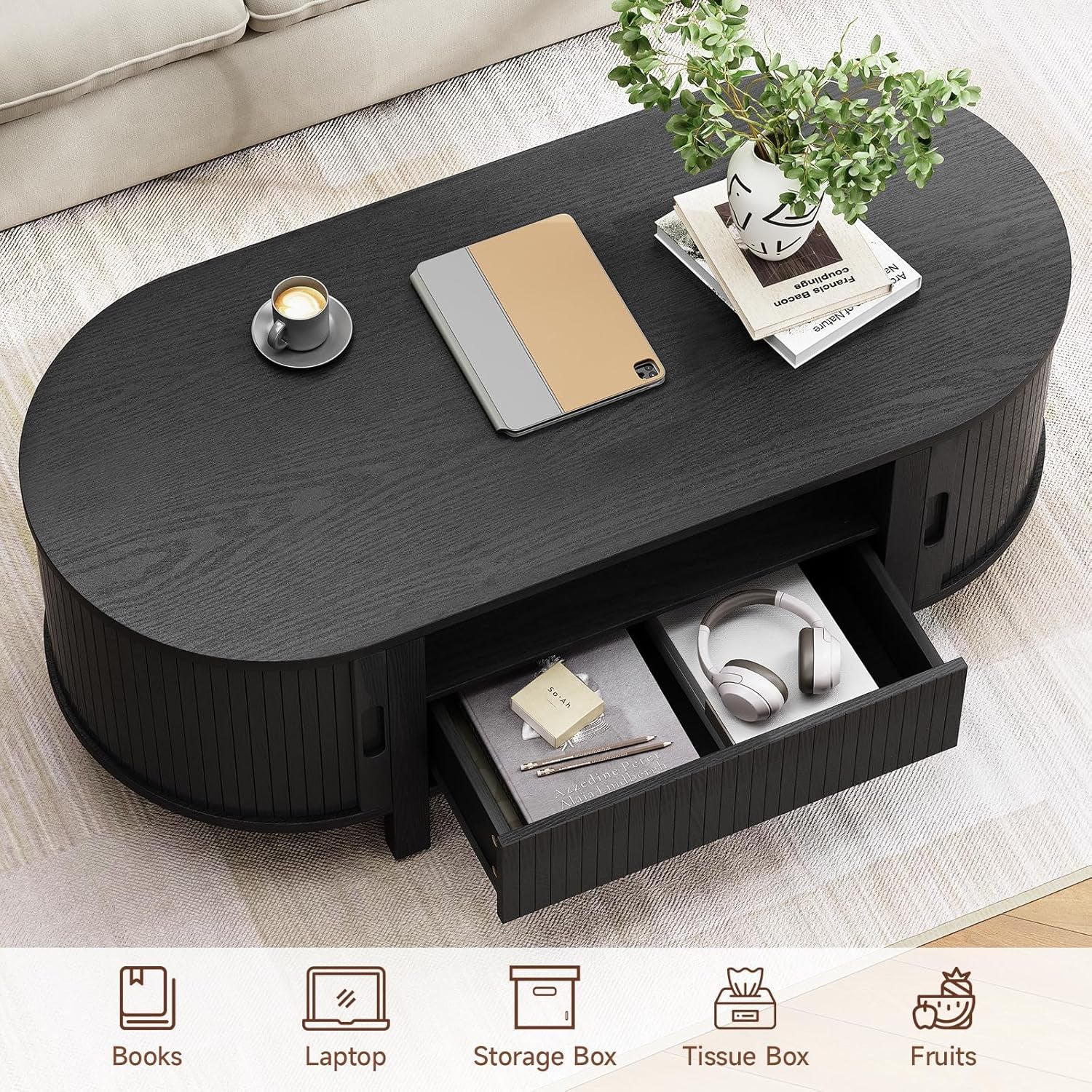47.2 Inch Oval Coffee Table with Storage, Mid Century Modern Coffee Table with Drawer, Center Table with Sliding Door and Wood Fluted Handle for Living Room, Black