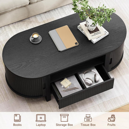 47.2 Inch Oval Coffee Table with Storage, Mid Century Modern Coffee Table with Drawer, Center Table with Sliding Door and Wood Fluted Handle for Living Room, Black