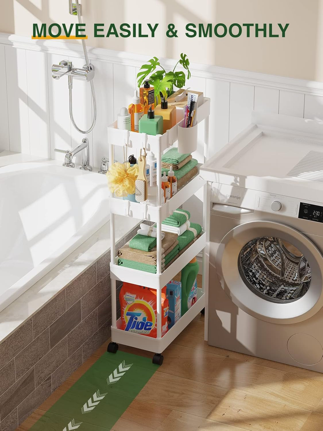 Slim Rolling Storage Cart - 4 Tiers Bathroom Organizer Utility Cart Slide Out Storage Shelves Mobile Shelving Unit for Kitchen, Bedroom, Office, Laundry Room, Small Narrow Spaces (7.1" W+White)