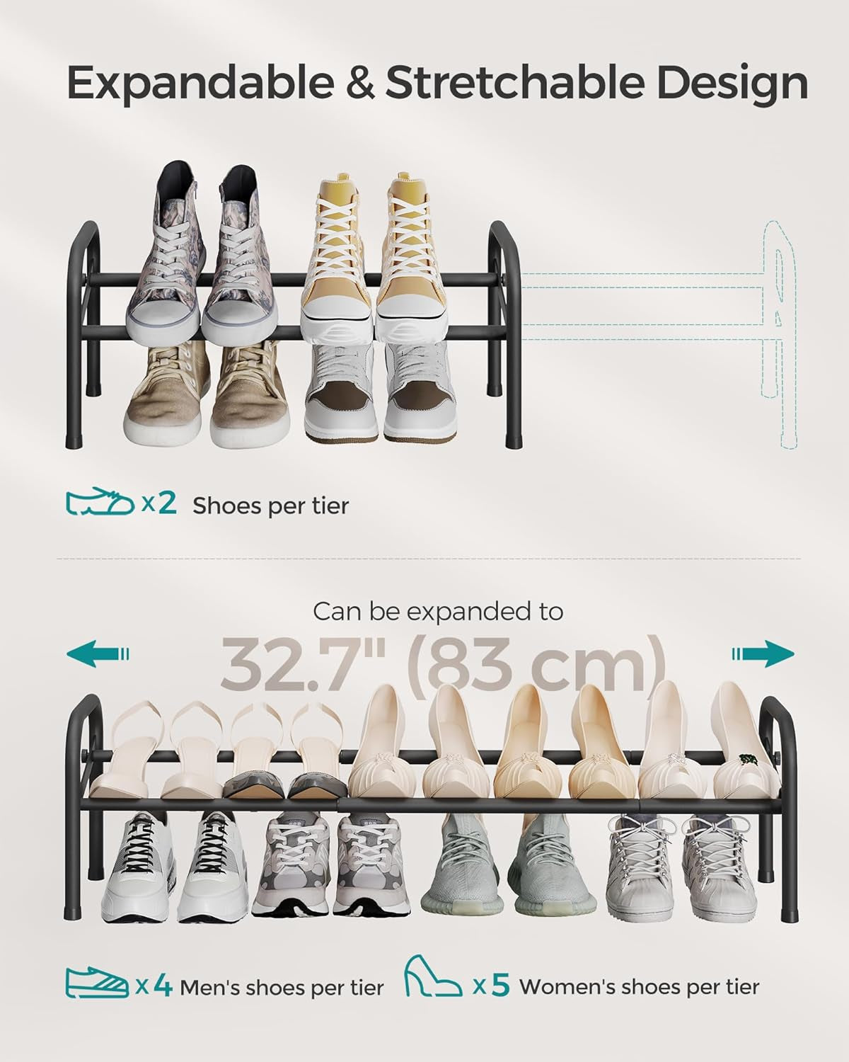Expandable Shoe Rack, 1 Tier Shoe Rack Shelf, Adjustable Shoe Organizer Storage for 10 Pairs of Shoes, Metal Free Standing Shoe Racks for Closet, Front Door Entryway, Easy Assembly, Ink Black