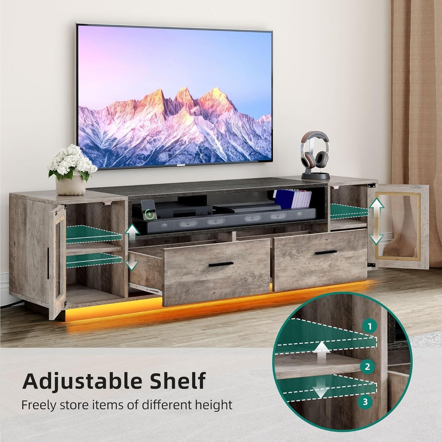 TV Stands for Living Room, Farmhouse TV Stand for 65/70 Inch TV, LED TV Entertainment Center with Storage & Power Outlets, TV Console Cabinet, Rustic Grey