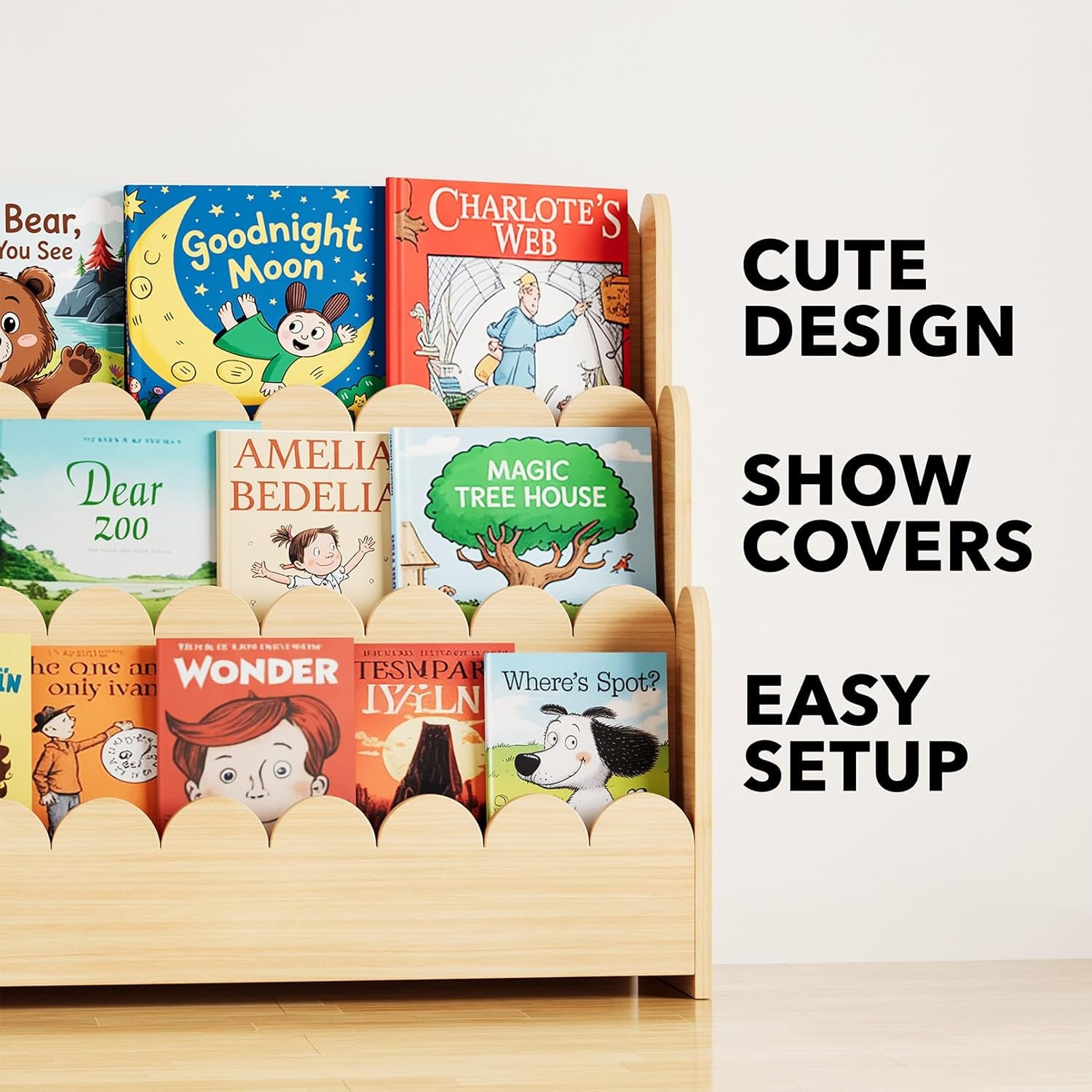 3-Tier Scalloped Bookshelf, Montessori Bookcase for Toddlers, Wooden Book Shelf Organizer Display Furniture for Kids Rooms, Playroom, Nursery and Classroom, Natural