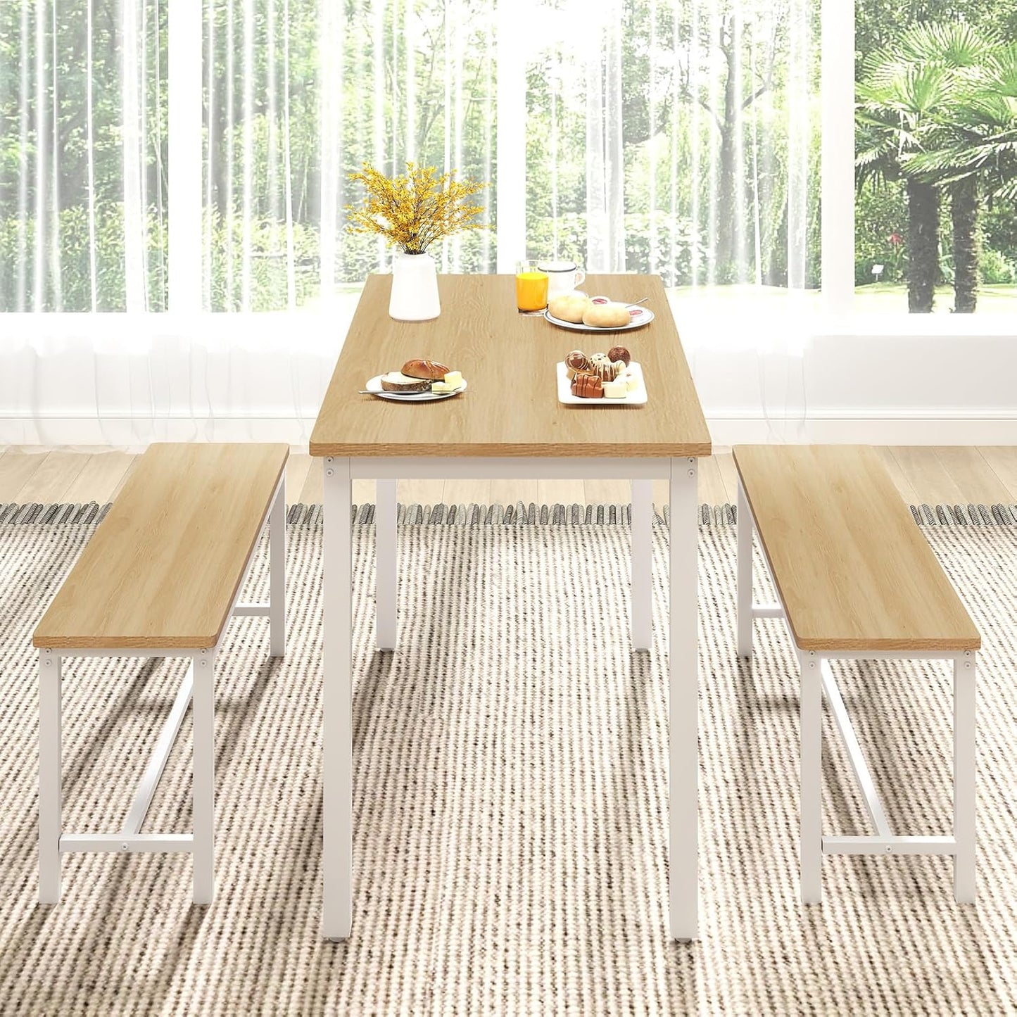 43" Dining Room Table Chairs Set for 4, Modern Space Saving Kitchen Table with 2 Benches & Adjustable Feet Breakfast Table, Wooden Industrial Style Farmhouse, White