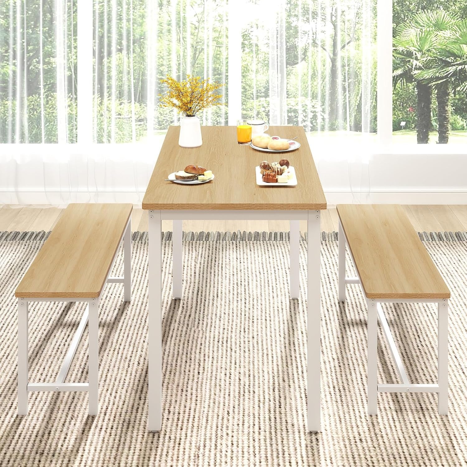 43" Dining Room Table Chairs Set for 4, Modern Space Saving Kitchen Table with 2 Benches & Adjustable Feet Breakfast Table, Wooden Industrial Style Farmhouse, White