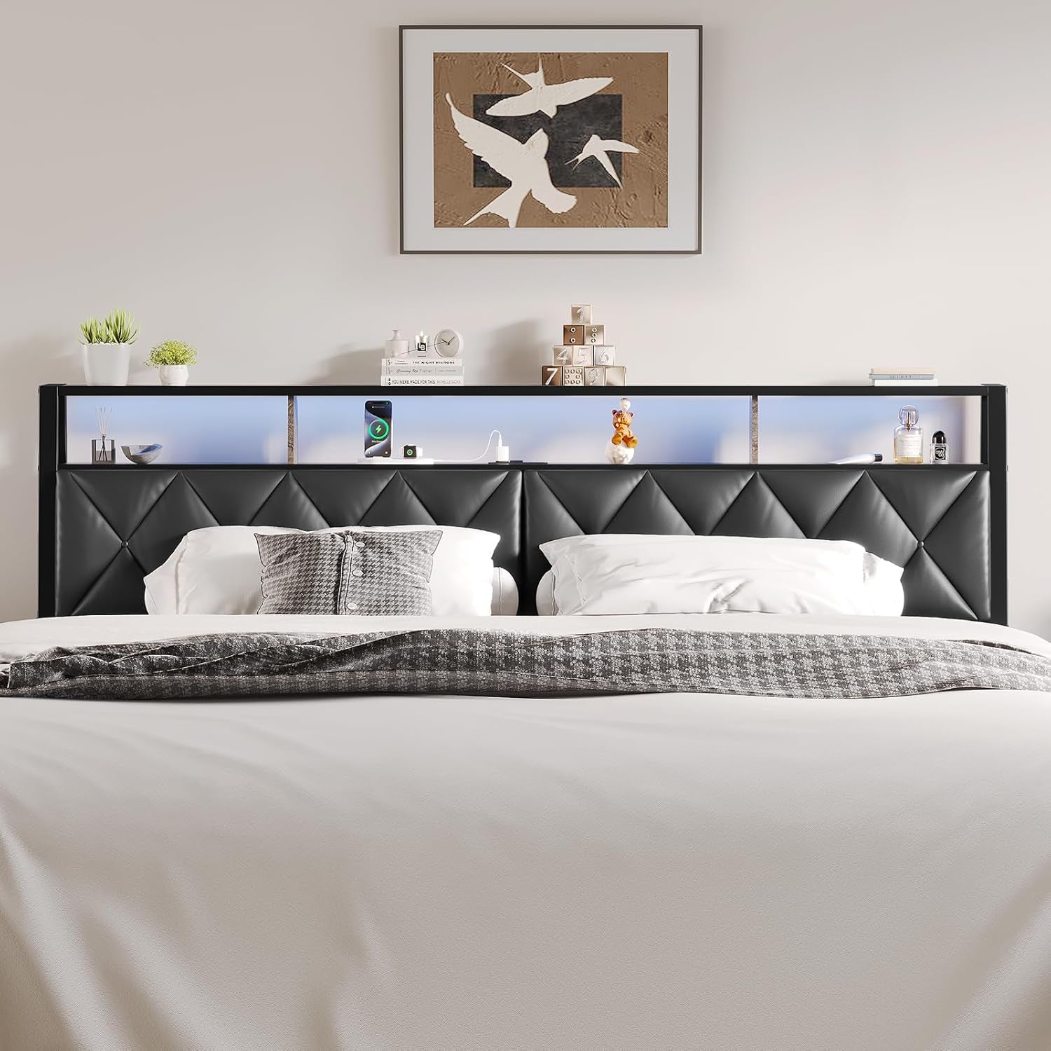 Queen Headboard Only, Headboard for Queen Size Bed with Storage, Upholstered Headboards with LED Lights & Charging Station, Attach Frame, Ideal for Bedroom/Dorm/Guest Room, Black, Faux Leather