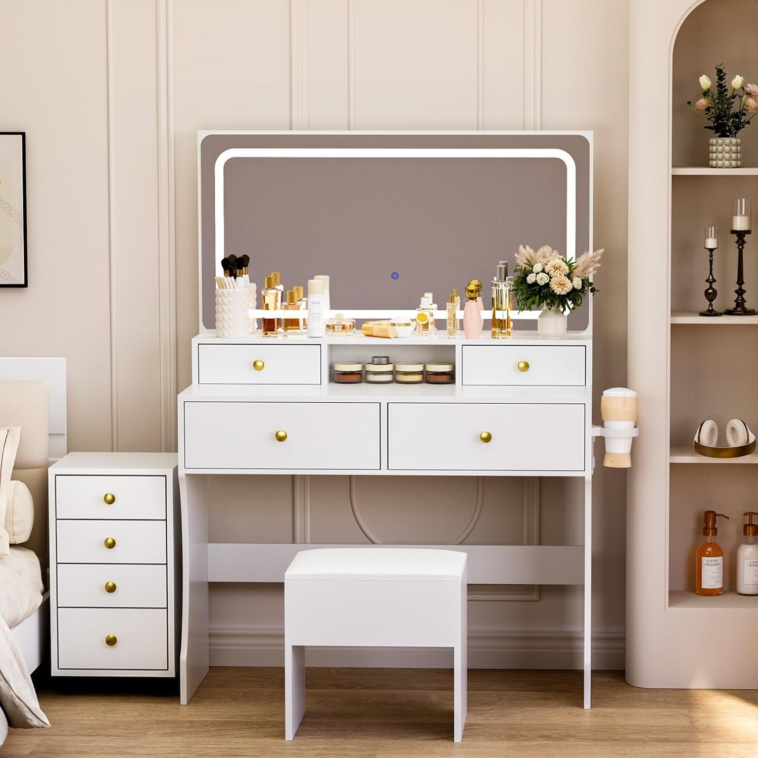 Vanity Desk with File Cabinet, 8 Drawers Makeup Vanity with Mirror and Lights,3 Lighting Modes Dressing Table with Chair, Power Outlet, Silent Slides, White