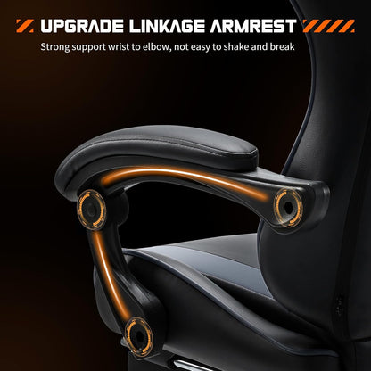 Video Game Desk Chair - Ergonomic Computer with Footrest and Comfy Lumbar Support, PU Leather Recliner with Headrest, Fixed up Armrest, Height Adjustable with 360° Swivel, for Adults, Grey