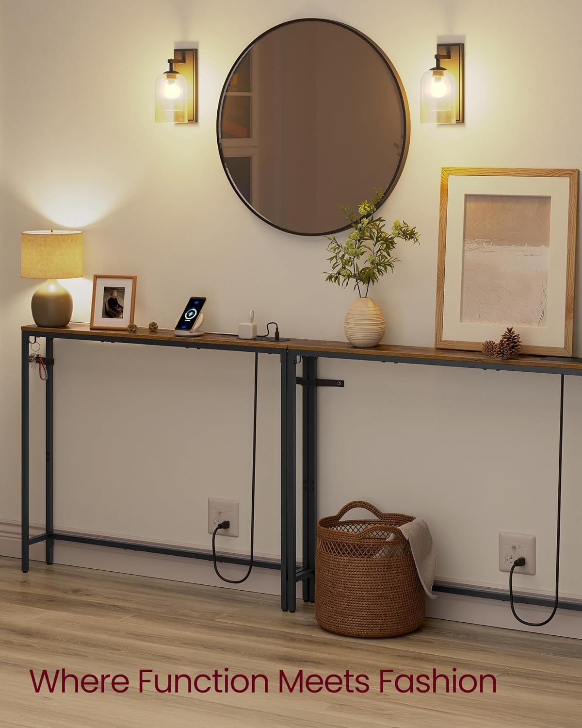 Set of 2 Console Tables with Power Outlets, Slim behind Couch Sofa Tables, 5.9 X 39.4 X 31.5 Inches, 2 Hooks, Easy Assembly, for Entryway, Living Room, Rustic Brown and Ink Black ULNT078K01