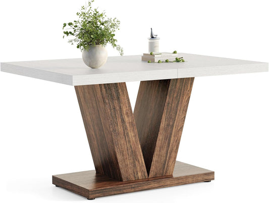 47 Inches Dining Table for 4, Modern Dining Room Tables, White Rectangle Kitchen Table with Rustic Brown V-Shaped Pedestal, Wooden Dinner Table for Dining Room, Kitchen, Living Room