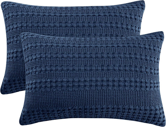 100% Cotton Waffle Pillow Shams King Size, 2 Pack 20" X 36" Soft Skin-Friendly Pillowcases, No Filling, Aesthetic Woven and Breathable Waffle Weave Pillow Case Covers for Bed, Blue Sapphire