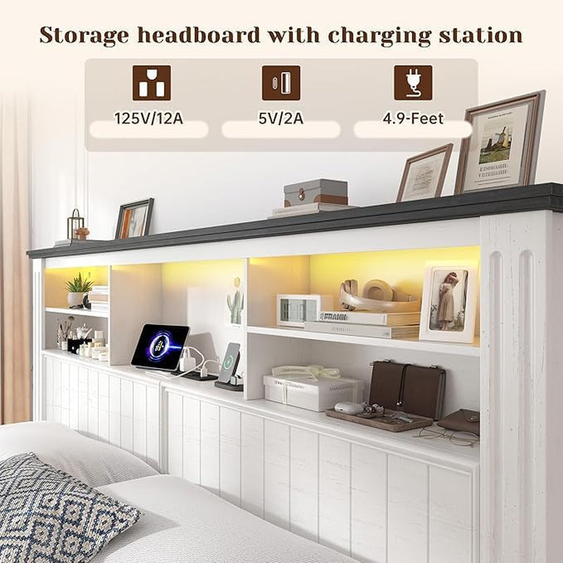 King Size Bed Frame and Headboard & Storage, 4 Drawers and LED Built in Charging Station King Bed Frame with Storage Farmhouse,No Noise,No Box Spring Needed,White