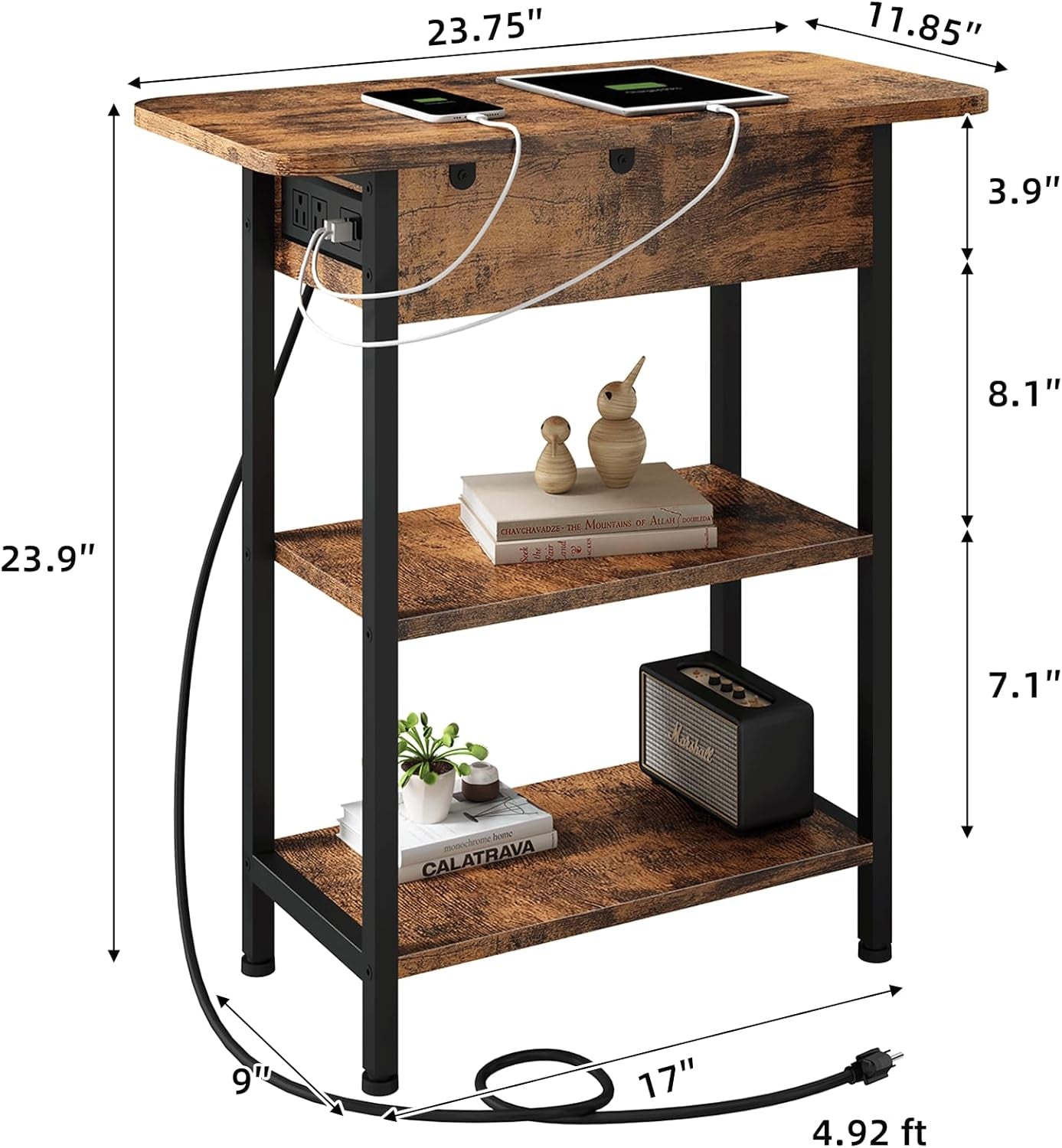 End Table with Charging Station, Flip Top Side Table with USB Ports and Outlets, Nightstand for Small Spaces, Bedside Tables with Storage Shelf for Living Room, Bedroom, Brown