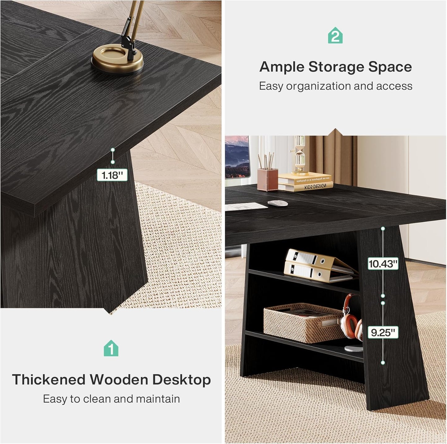 63-Inch Executive Desk, Modern Black Office Desk with Double Pedestal and Storage Shelves, Simple Large Computer Writing Conference Table Workstations Business Furniture for Home Office