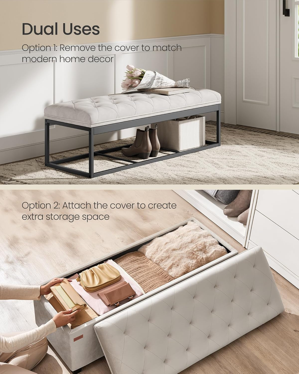 Velvet Storage Ottoman Bench, Foot Rest with Legs, 15.7 X 43 X 15.7 Inches, End of Bed Bench, Storage Chest, Load up to 660 Lb, for Living Room, Bedroom, Entryway, Cream White ULSF089W01