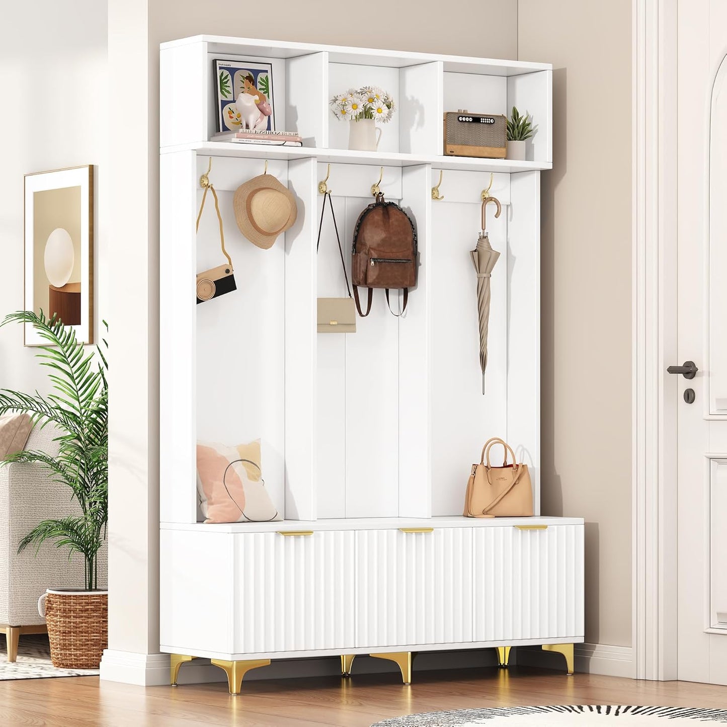 49.6" Hall Tree with Bench and Shoe Storage,Modern Entryway Cabinet with High Gloss Fluted Doors & Open Shelves,5-In-1 Coat Rack W/ 6 Gold Hooks and Legs for Hallway,White
