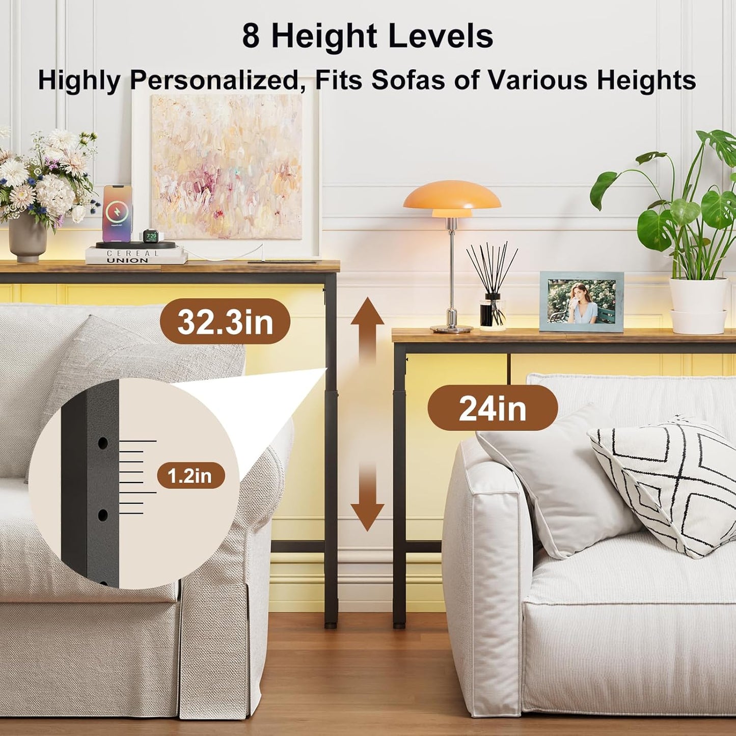 79In behind Couch Table Adjustable Height Sofa Table with Charge Station Narrow Console Table with LED Lights, Rustic Brown