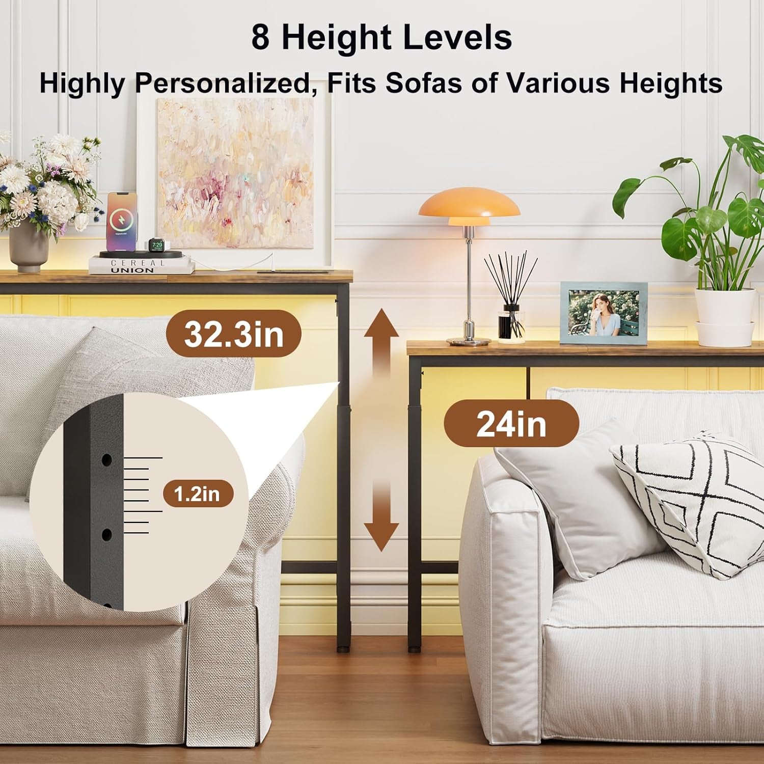 79In behind Couch Table Adjustable Height Sofa Table with Charge Station Narrow Console Table with LED Lights, Rustic Brown