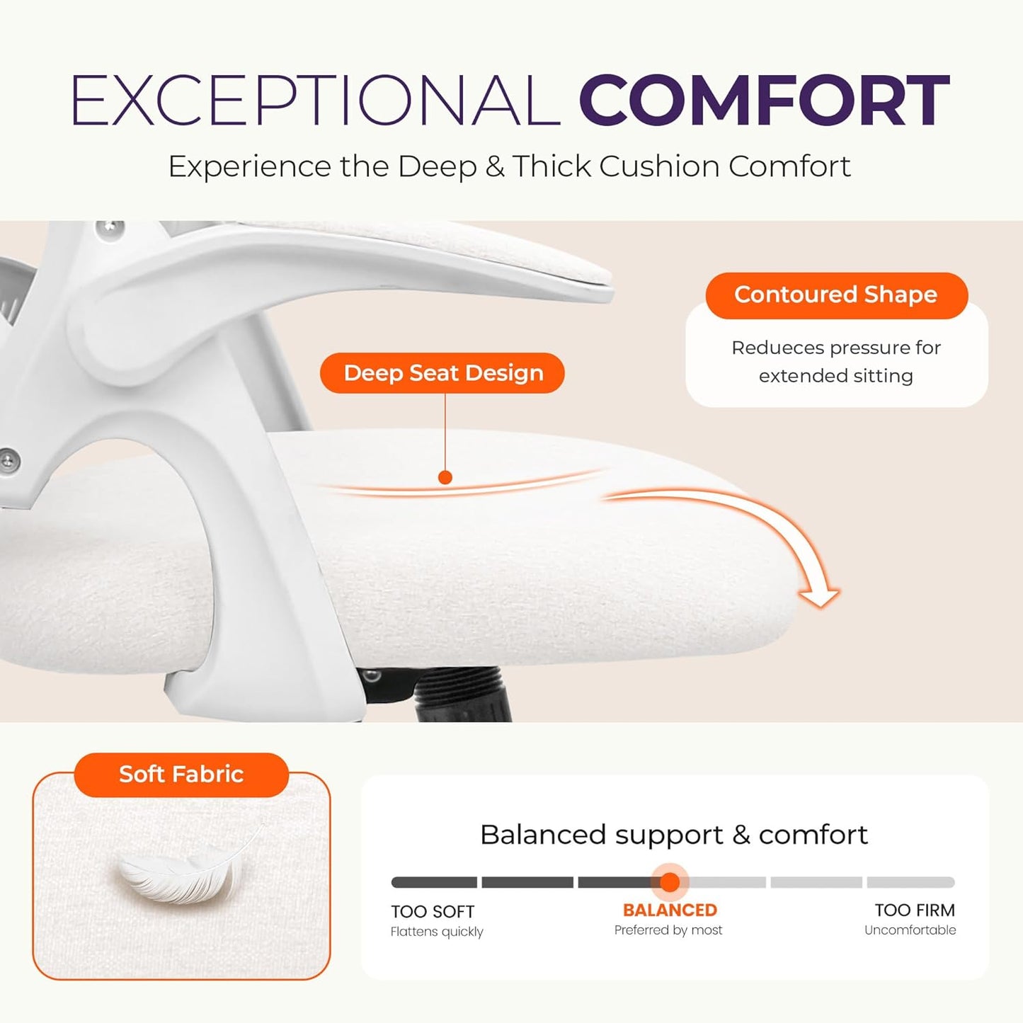 Office Desk Gaming Ergonomic Computer Chair with Lumbar Back Support Adjustable Height Swivel Rolling Wheels Flip-Up Arms Mesh Chair for Home Vanity (Ivory)
