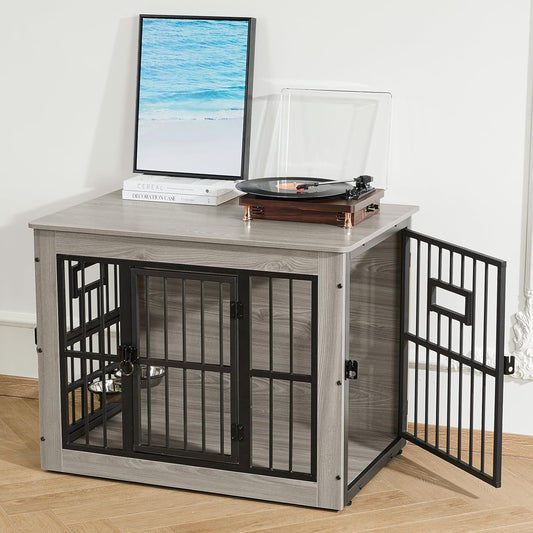 Dog Crate Furniture for Medium Dogs, 32.7 Inch Dog Kennel Indoor, Wooden Dog Cage End Table with 2 Removable Bowls, Heavy Duty Dog Crate, Rustic Grey