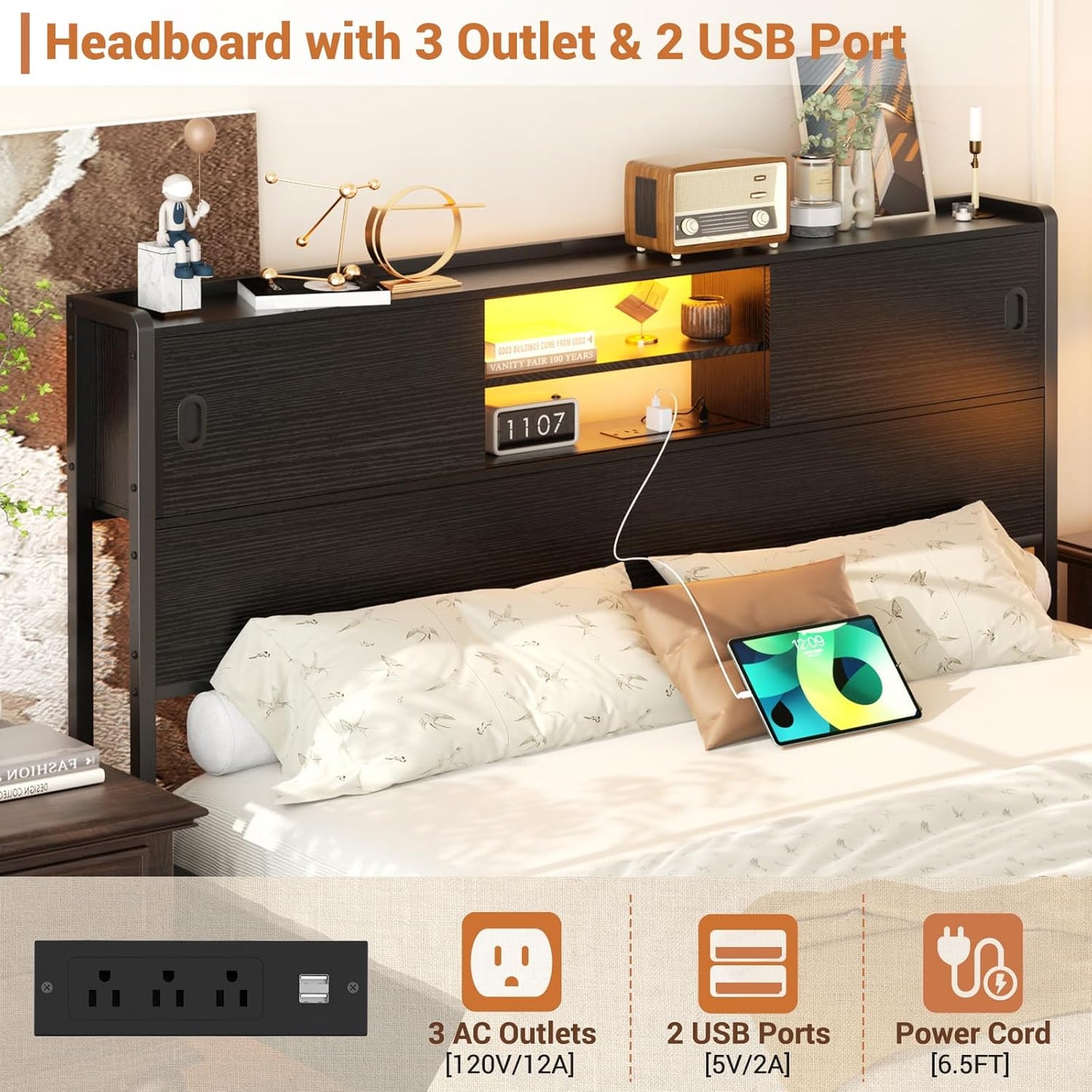 Headboard for Queen Size Bed with Storage, Sturdy Bookcase Headboards with Outlet, USB & LED Light, Queen Size Headboard Only, Head Board with Sliding Doors & Bed Adapter for Bedroom, Black