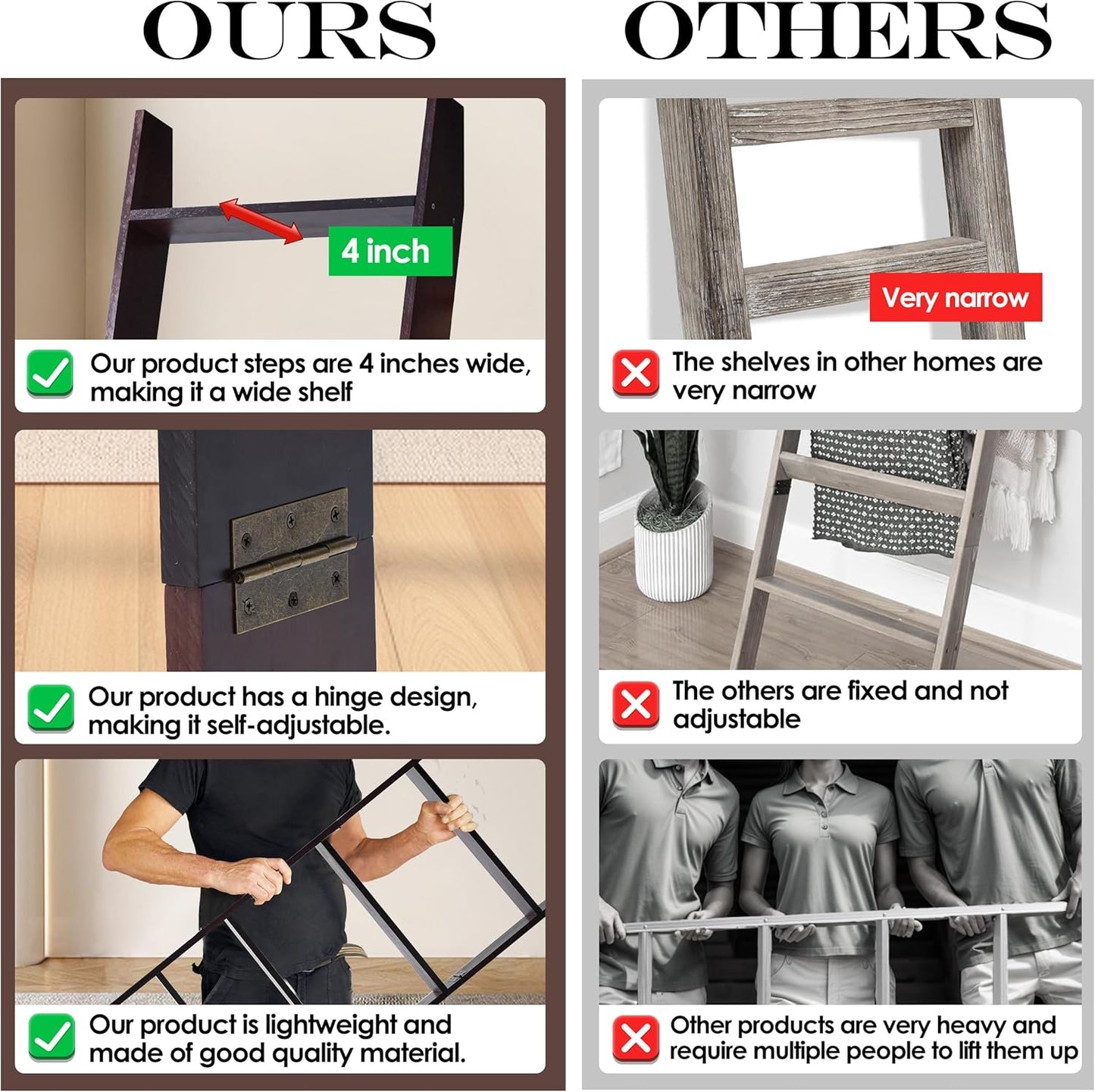 5-Tier Blanket Ladder for the Living Room, 4.8 FT Anti-Slip Decorative Ladder Shelf Leaning Quilt Rack, Lightweight, Easy Assemble, Wooden Blanket Rack (Brown)