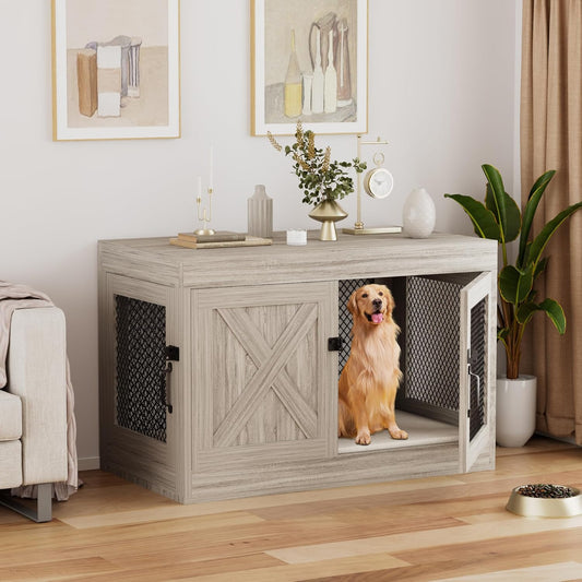 Corner Dog Crate Furniture with Double Doors, 36 Inch Wooden Dog Kennel End Table Indoor with Mesh, Cage/House for Small Medium Large Dog, Decorative Pet Crate Indoor Use, Grey