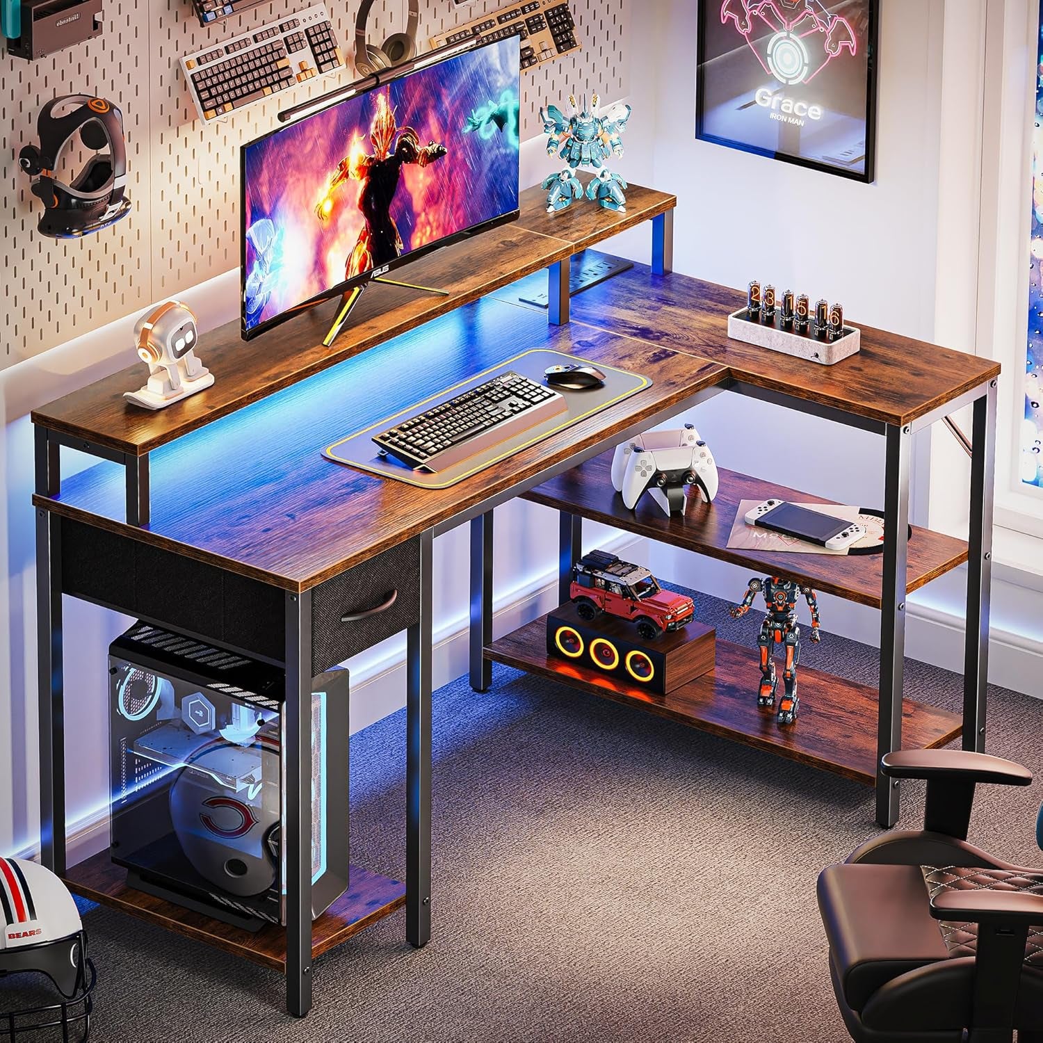 53 Inch Reversible L Shaped Desk with LED Lights & Power Outlets, Computer Desk with Shelves & Monitor Stand, Gaming Desk with Drawer, Home Office Desk Corner Desk, Black