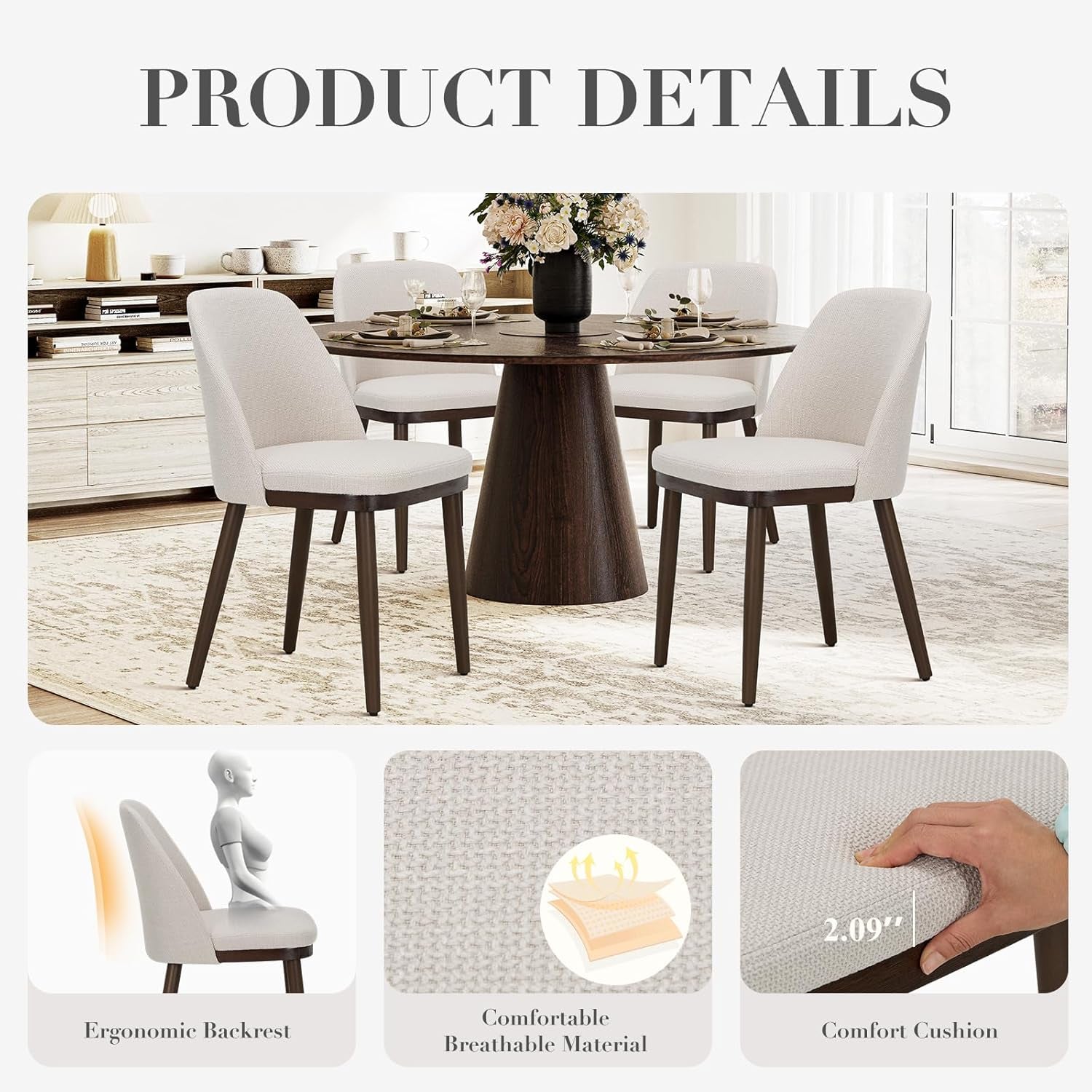 Upholstered Dining Chairs Set of 4, Modern Kitchen Chairs with Back, Fabric Side Dining Room Chairs with Wood Legs for Kitchen Dining Room Restaurant, Beige
