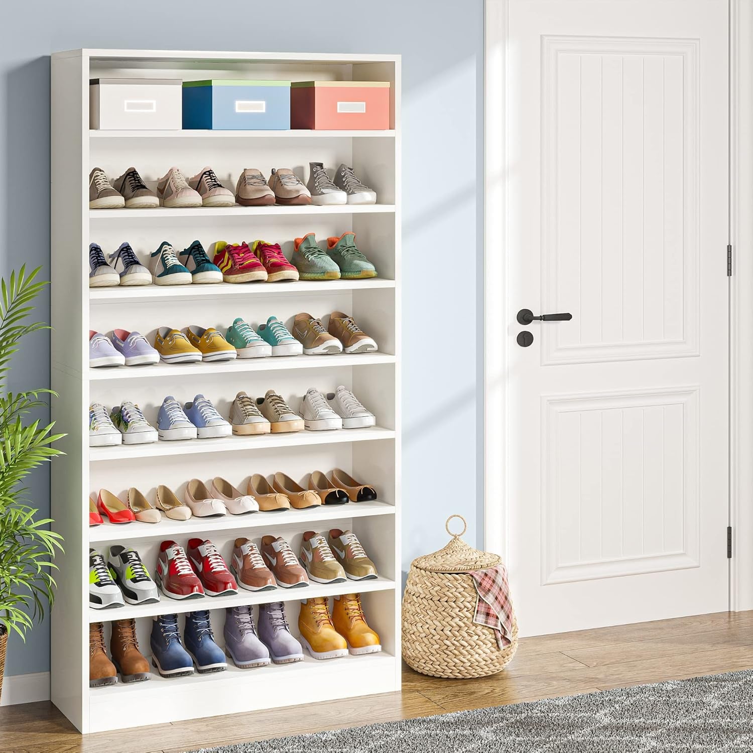 Shoe Cabinet, 9 Tiers 40-45 Pairs Heavy Duty Wood Freestanding Shoe Storage Cabinet, 70.8'' Tall Shoe Cabinet with Open Storage for Entryway, White