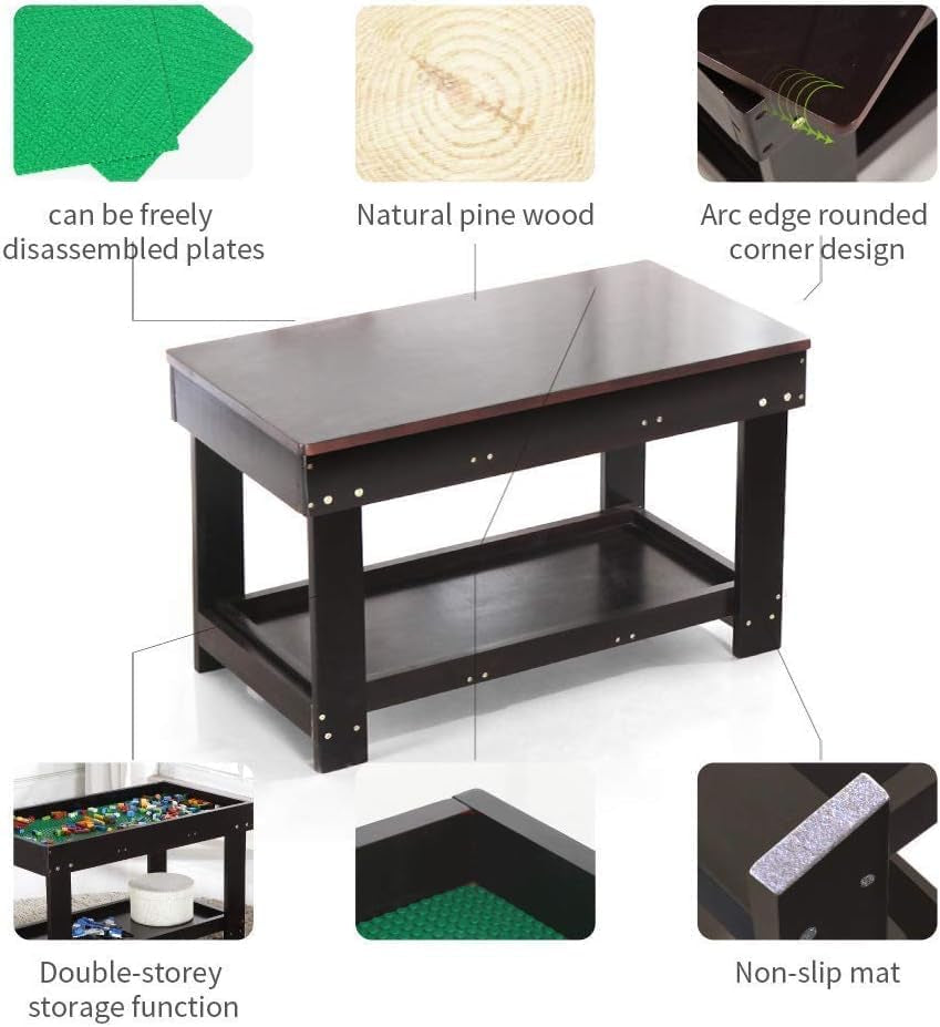 Kids Activity Table with Board for Bricks Activity Play Table (Dark Brown)