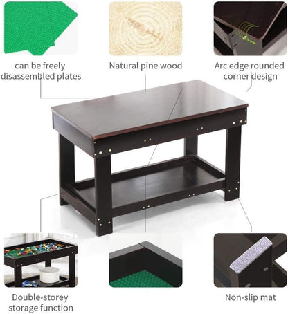 Kids Activity Table with Board for Bricks Activity Play Table (Dark Brown)