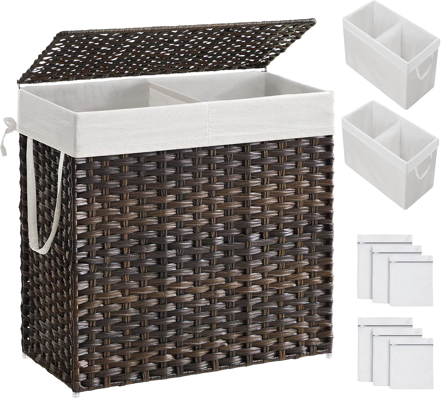 Laundry Hamper with Lid, 90L Clothes Hamper with 2 Removable Liner Bags, 6 Mesh Bags, Wicker Laundry Basket, Double Laundry Hamper for Bathroom, 13 X 18.1 X 23.6 Inches, Natural ULCB251N01V1