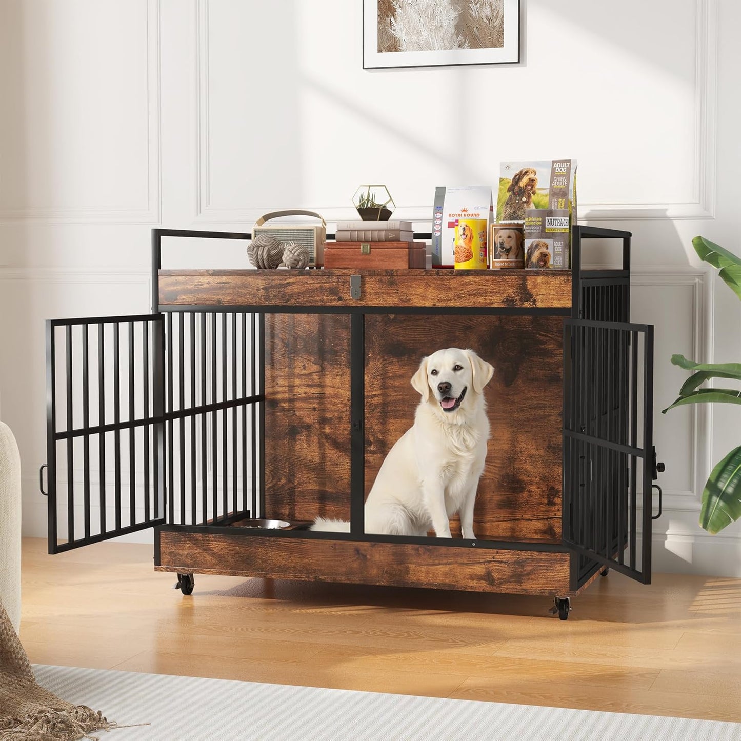 45 Inch Dog Crate Furniture for Large Dog with 2 Stainless Steel Bowls, Large Wooden Dog Crate Table, XL Heavy Duty Dog Kennel Indoor, for Decorate House as TV Stand, End Table