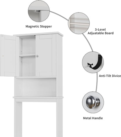 over the Toilet Storage Cabinet, Bathroom Shelf Organizer with Anti-Tip Device Small Freestanding Space Saver with Adjustable Shelf，White