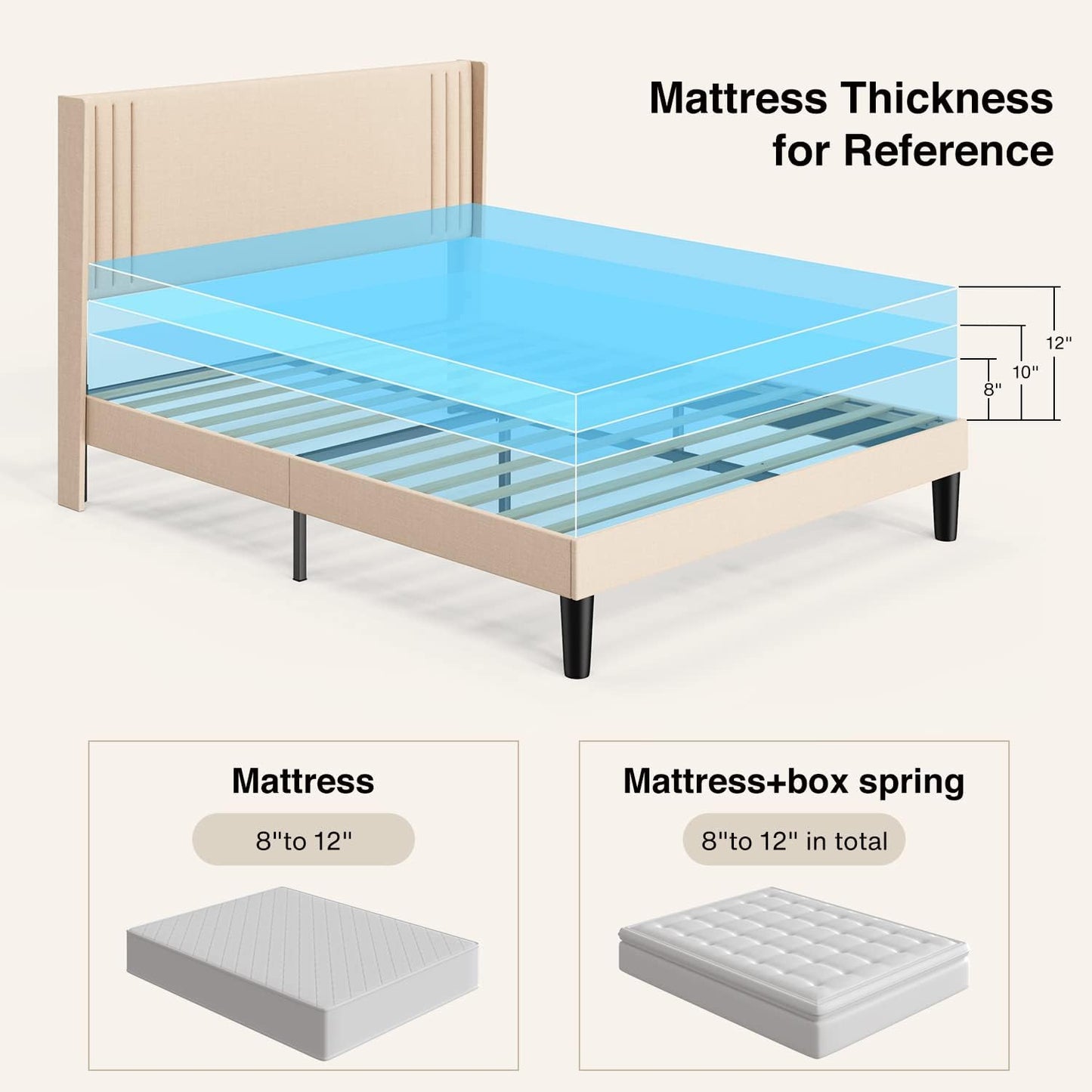 Queen Bed Frame with Wingback Headboard, Upholstered Platform Bed, Wooden Slats, Noise-Free, No Box Spring Needed, Easy Assembly