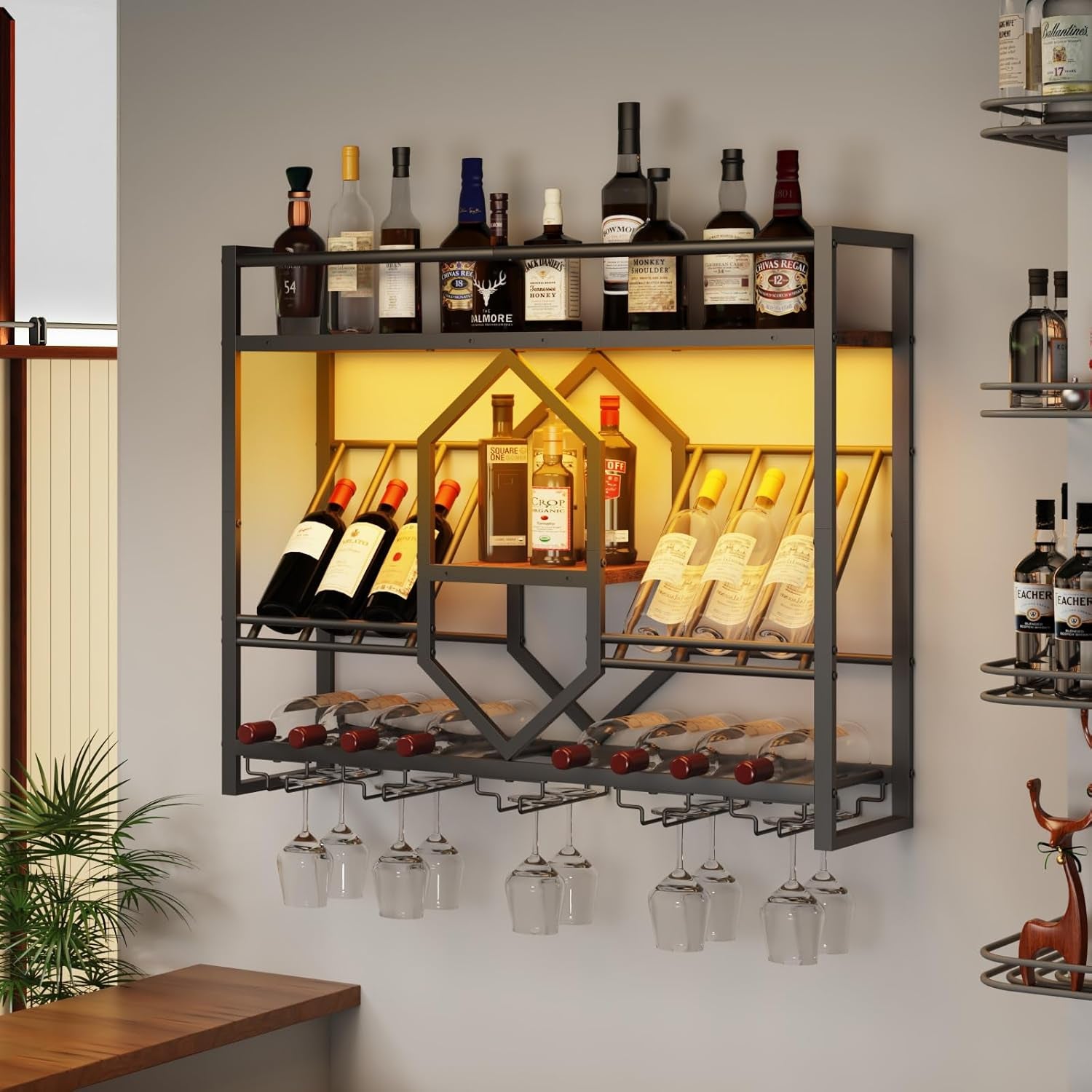 Wall Mounted Wine Rack with LED Light, 31.5" Wine Shelf, 3 Tier Wine Bottle Display Shelf with Glass Holder, Hanging Bar Liquor Storage Rack, for Kitchen, Bar, Rustic Brown and Black BF73DBJ01