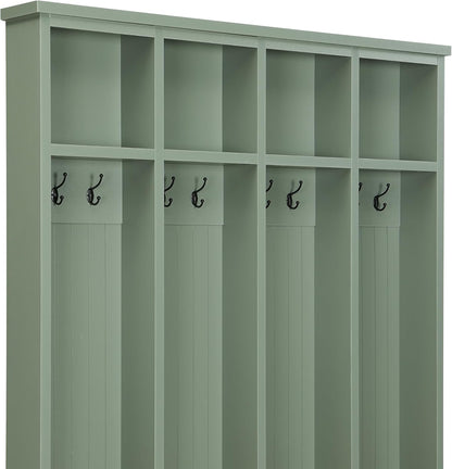 Farmhouse Hall Tree with 8 Hooks,Entryway Cabinet W/Bench,Multi-Functional Coat Rack W/4 Storage Unit and 4 Shoe Cabinet,Entryway Cabinets for Hallway,Living Room,Mudroom,Green