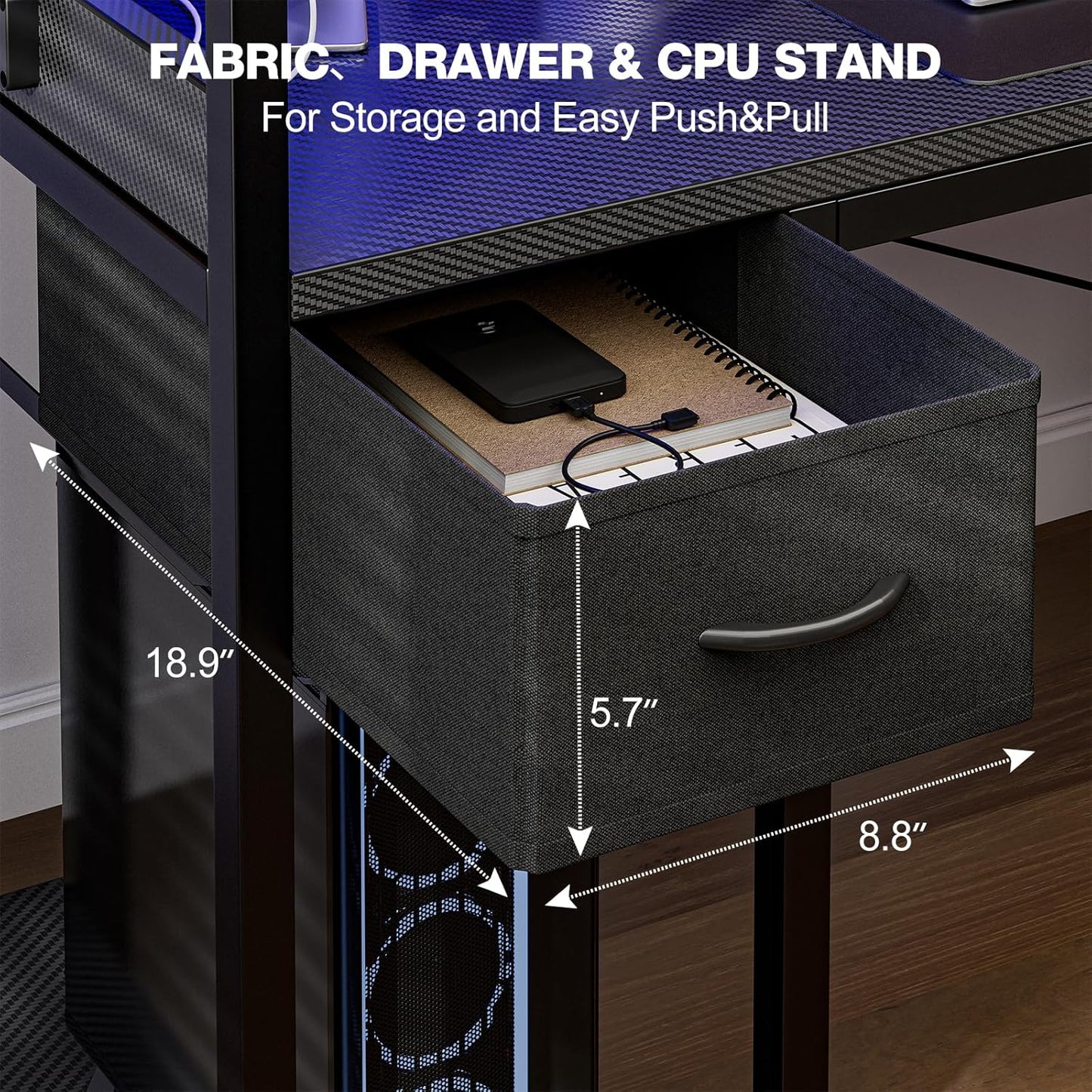 Gaming Desk 47 Inch with Power Outlet and LED Light, Computer Desk with Reversible Shelves and Storage Drawer, Pc Small Desk for Home Office Table with Bag, Carbon Fiber Black