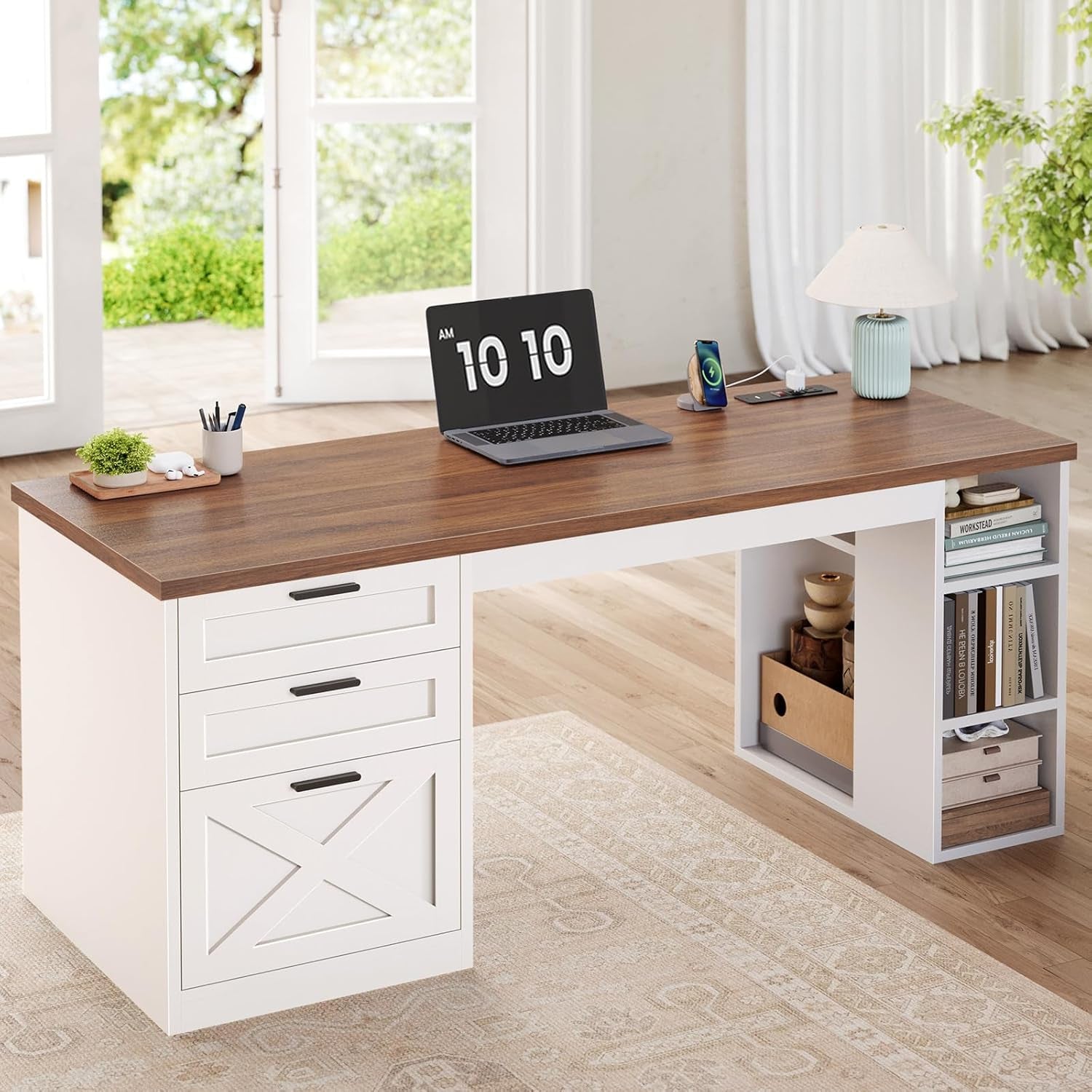 55.1" Farmhouse Office Desk with 3 Drawers, Executive Desk with File Drawer & Storage Shelves, Computer Desk with Power Outlet for Home Office, White and Brown