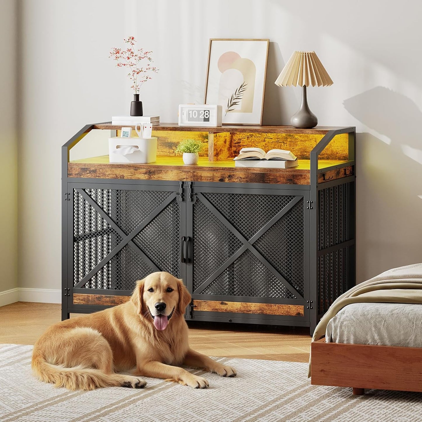 43.3" Dog Crate Furniture, Heavy Duty Dog Kennel Indoor with Storage Shelves, Wooden Dog Cage with LED Lights, for XL Large Dogs Breed, Rustic Brown and Black BF89DGW03