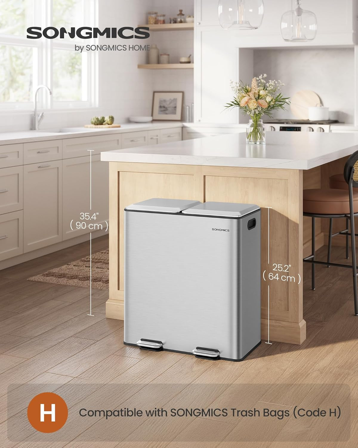 Trash Can, 2 X 8 Gallon (2 X 30 L) Double Garbage Can with Soft-Close Lids, Removable Inner Buckets, Pedals, Stainless Steel, for Waste and Recycling, Metallic Silver ULTB743E01