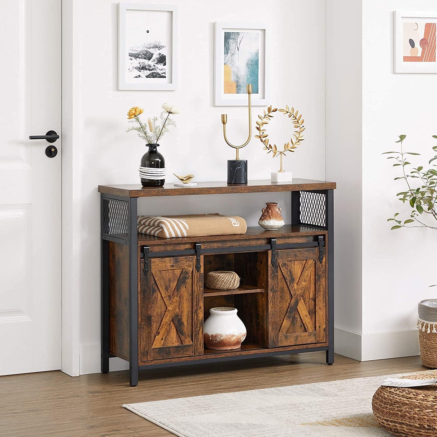 Coffee Bar Cabinet with Power Outlet and Voice Control LED Light, Buffet Cabinet with Sliding Barn Doors, S Hooks, Wine Glass Racks, Bottle Holders, Rustic White and Honey Brown ULSC201W01