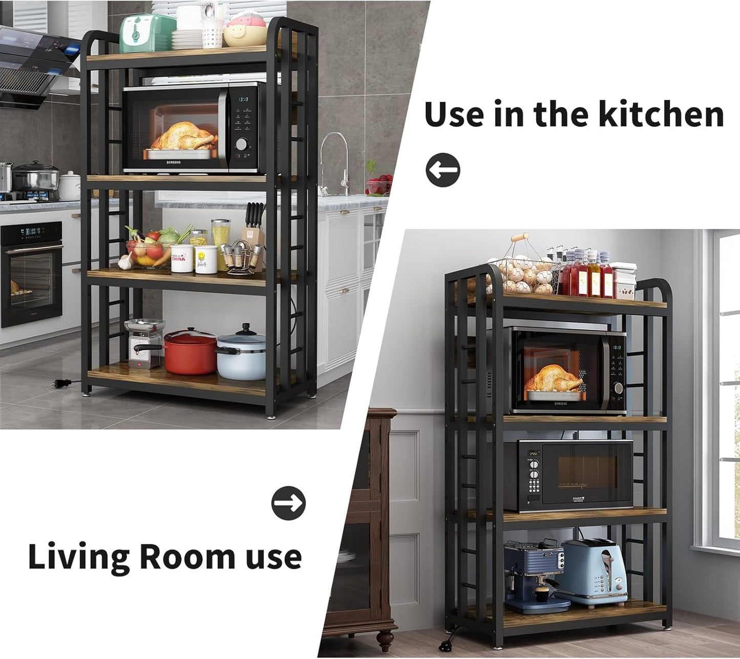 Bakers Rack with Power Outlet ，4-Tier Kitchen Baker'S Rack,Microwave Stand with Storage Suitable for Kitchen, Living Room, Dinning Room，Coffee Bar(Rustic Brown)