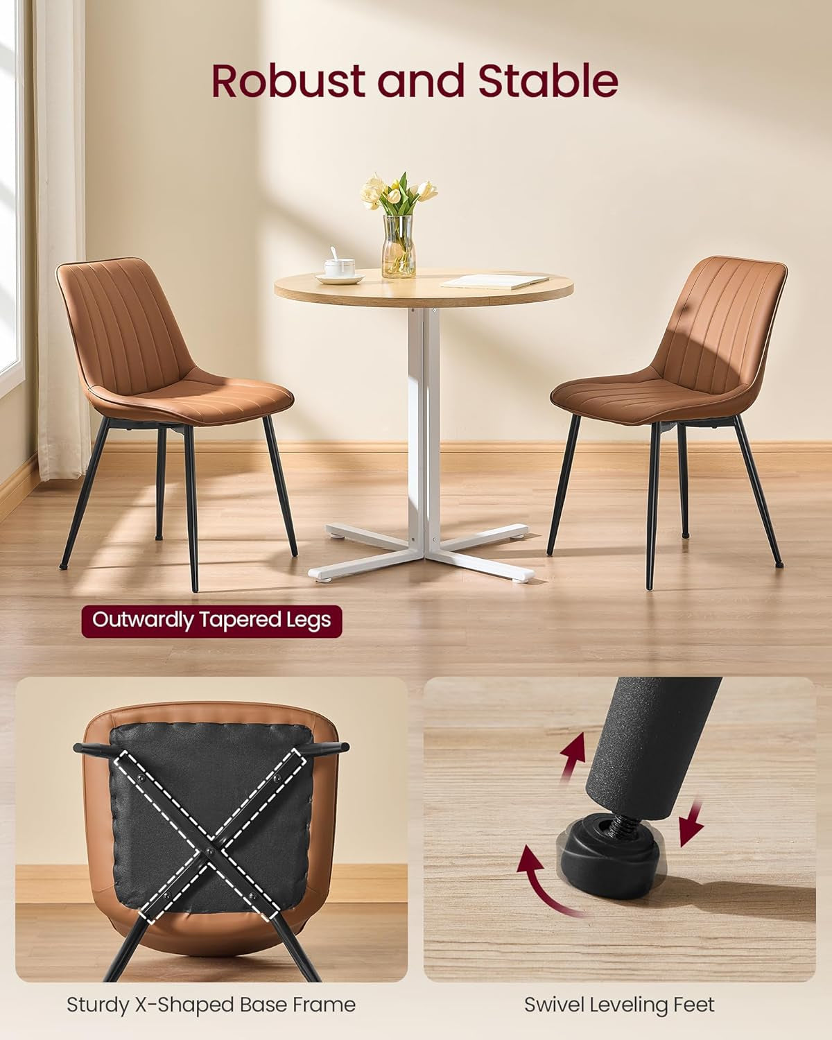Dining Chairs Set of 4, Upholstered Kitchen Chairs, Synthetic Leather, Max. Load 264 Lb, Steel Legs, Curved Backrest, for Dining Room, Caramel Brown and Ink Black ULDC090KN03-2J