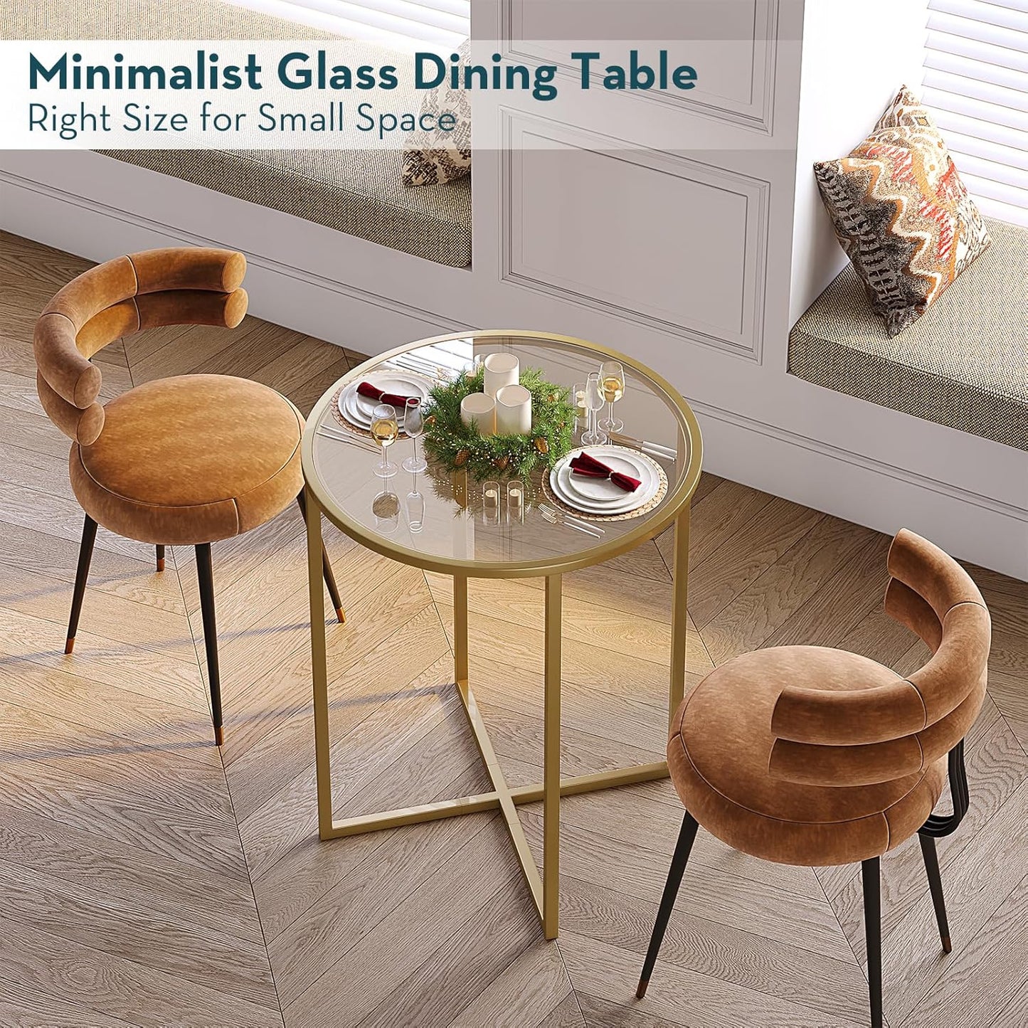 Small round Dining Table for 2,Glass Circle Kitchen Dinner Table,26.7'' Multifuntional Modern Desk for Dining Room,Office,Kitchen,Apartment,Easy Assembly,Gold